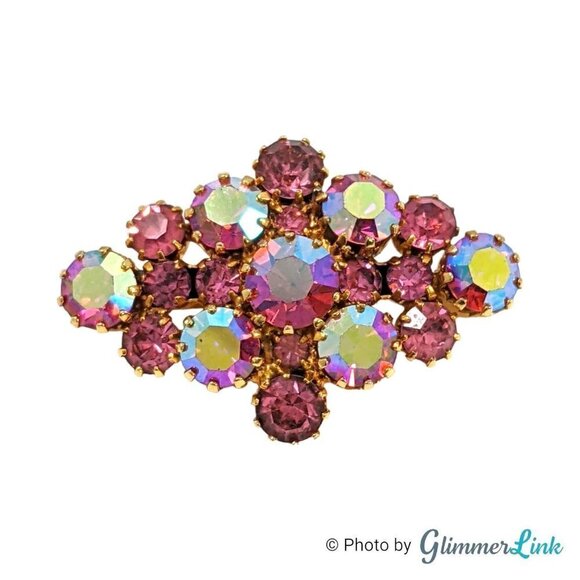 Vintage Austria AB Aurora Borealis Prong Set Rhinestones Gold Tone Brooch - Picture 1 of 7